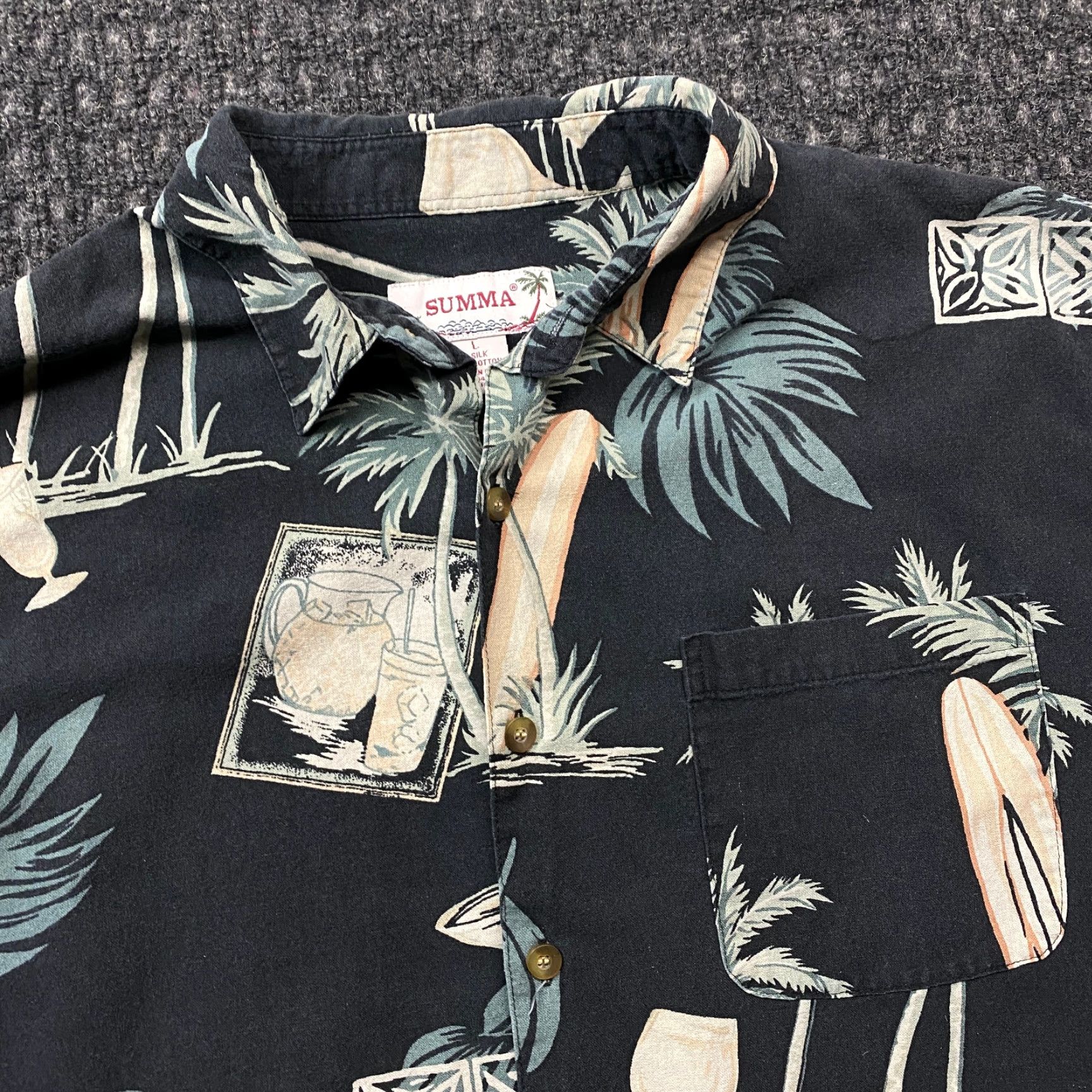 Vintage VINTAGE Summa Hawaiian Shirt Button Up L Silk Black Cocktail Surfboard Palm Shirt Size US L / EU 52-54 / 3 - 2 Thumbnail