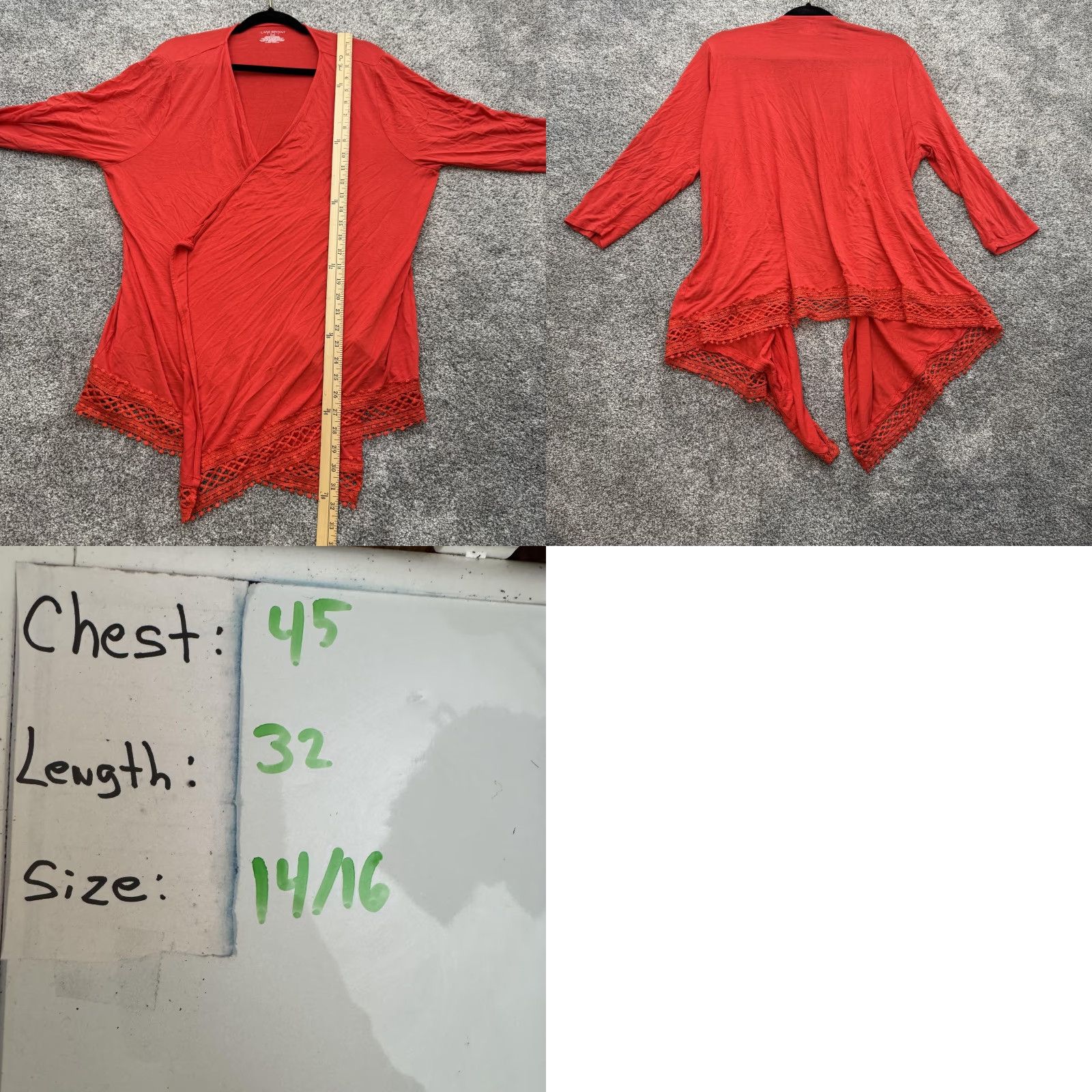 Vintage Lane Bryant Cardigan Womens 14/16 Red Open Front Lace Hem 3/4 Sleeve Boho Drape Size XL / US 12-14 / IT 48-50 - 8 Thumbnail