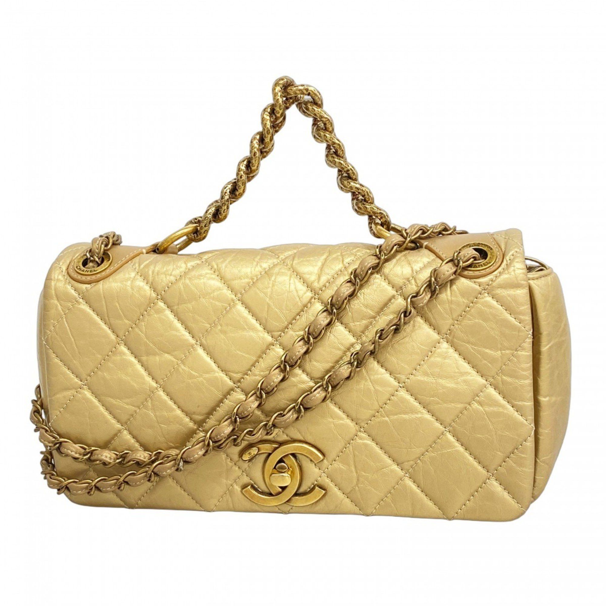 Chanel Shoulder Bag Matelasse W Chain Calfskin Champagne Gold Women's