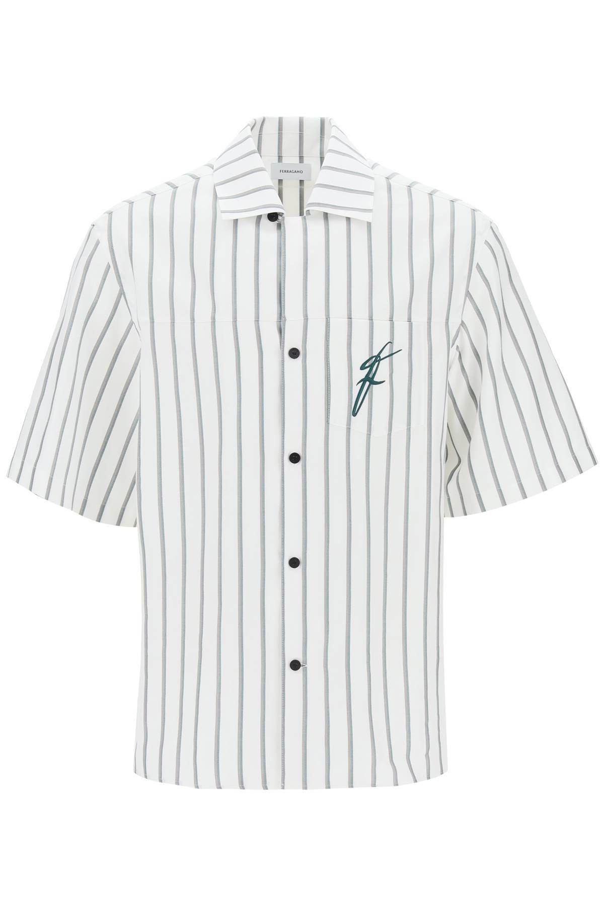 image of Salvatore Ferragamo Ferragamo Striped Bowling Shirt With Button in Optic White Forest Green (Size L
