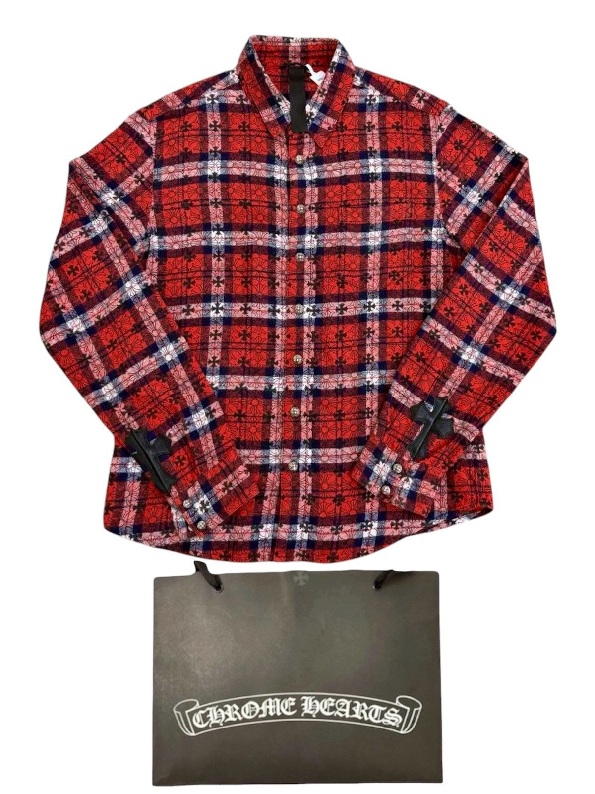 Chrome Hearts Olive & Black Leather Fleur Patch Button Up Shirt