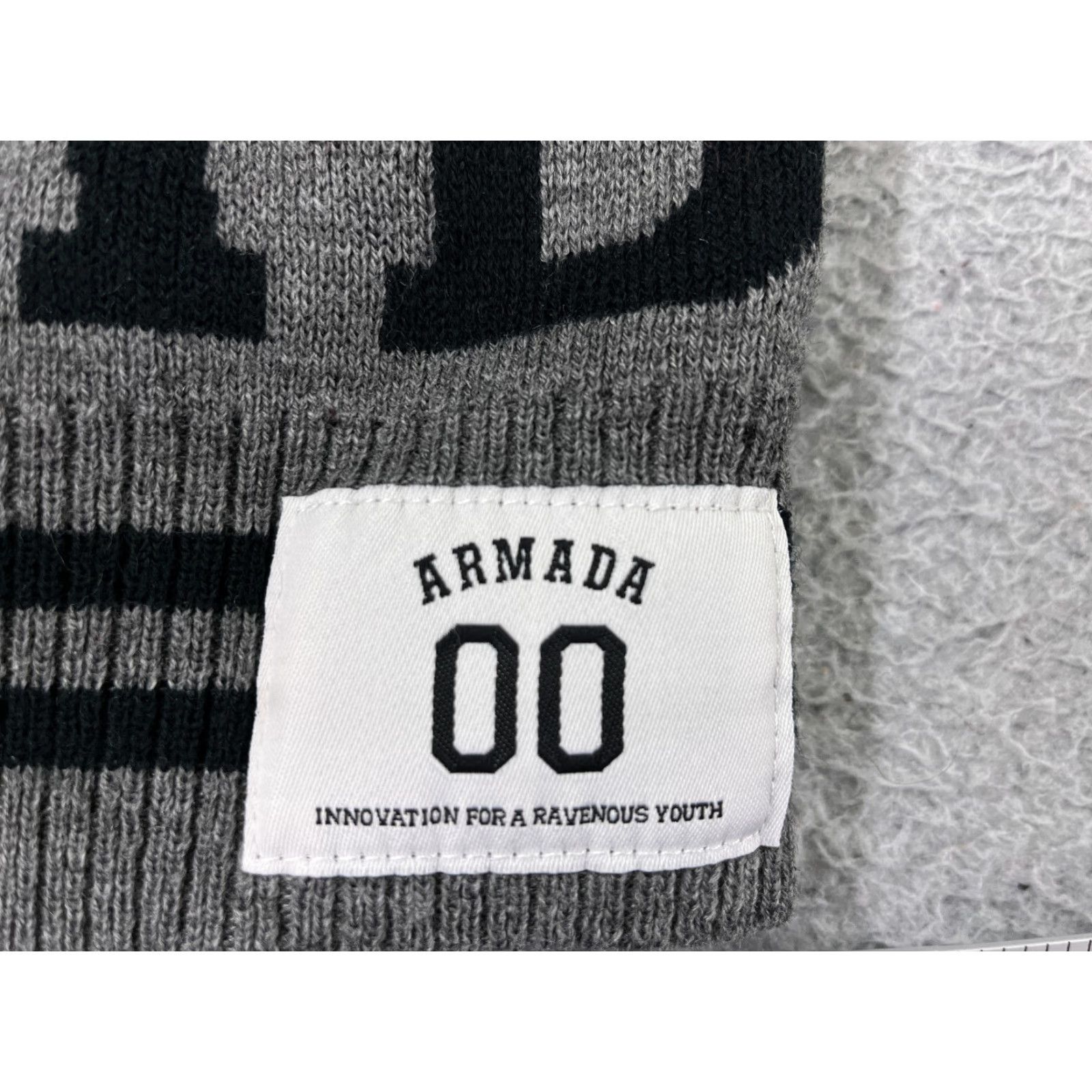 Vintage Armada Beanie Hat Adult One Size Gray Black Knit 100% Acrylic Pom Snow Striped Outdoor Ski Mens Size ONE SIZE - 2 Thumbnail