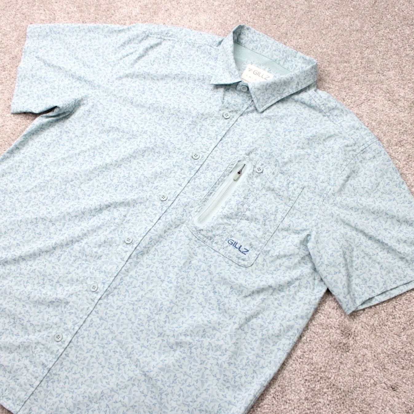 Vintage Gillz AOP Shirt Mens Large Blue Fish All Over Print Polyester Stretch L/S Button Up Shirt Size US L / EU 52-54 / 3 - 4 Thumbnail