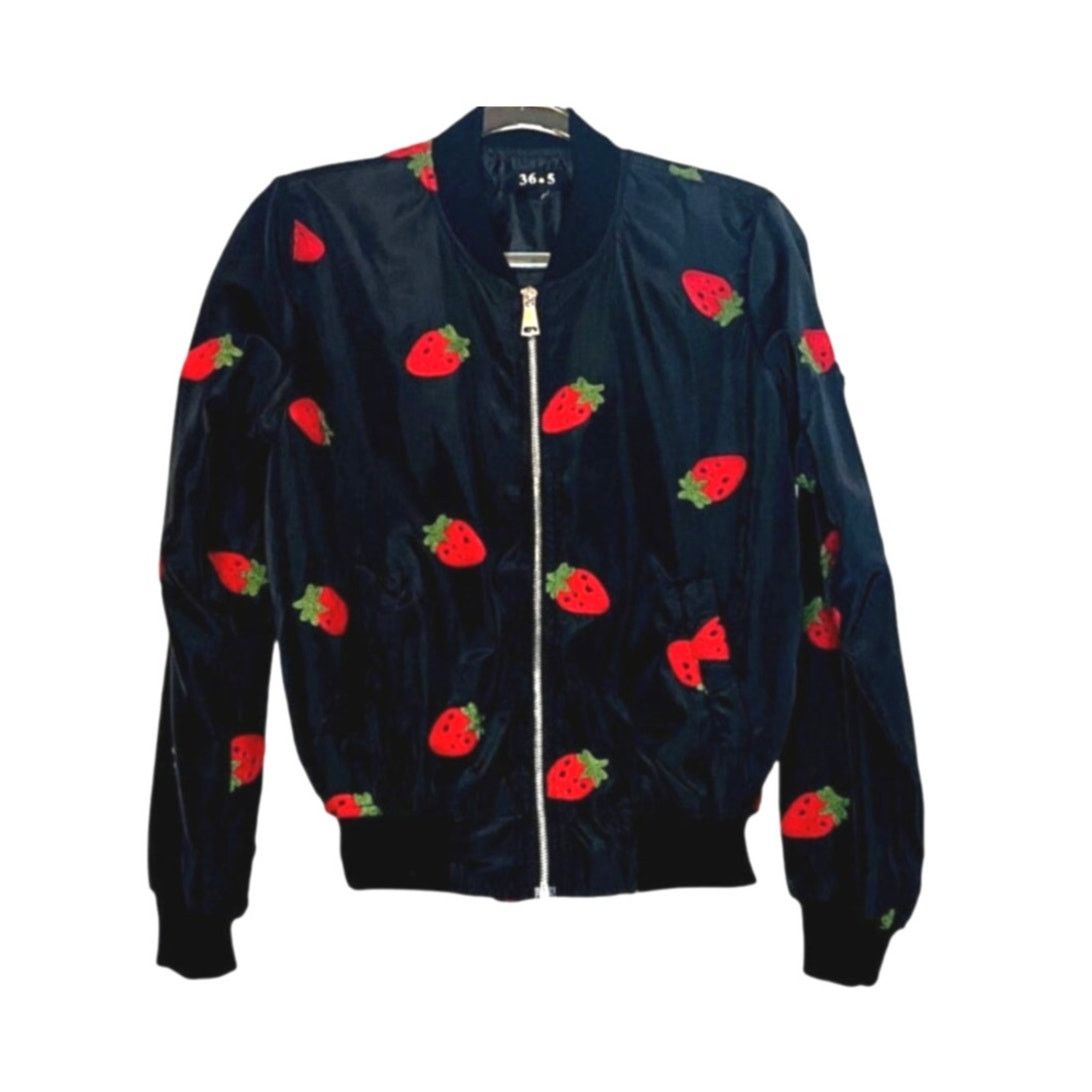 Other Strawberry Appliqué Black Bomber Jacket Lightweight Cropped Size S / US 4 / IT 40 - 2 Thumbnail