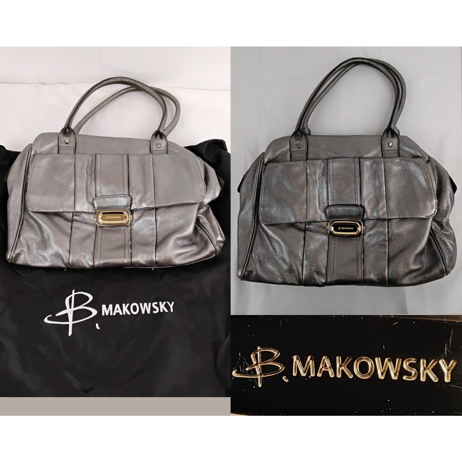 Other B Makowsky Silver Leather Handbag Top Handles Slouch Purse Size ONE SIZE - 1 Thumbnail