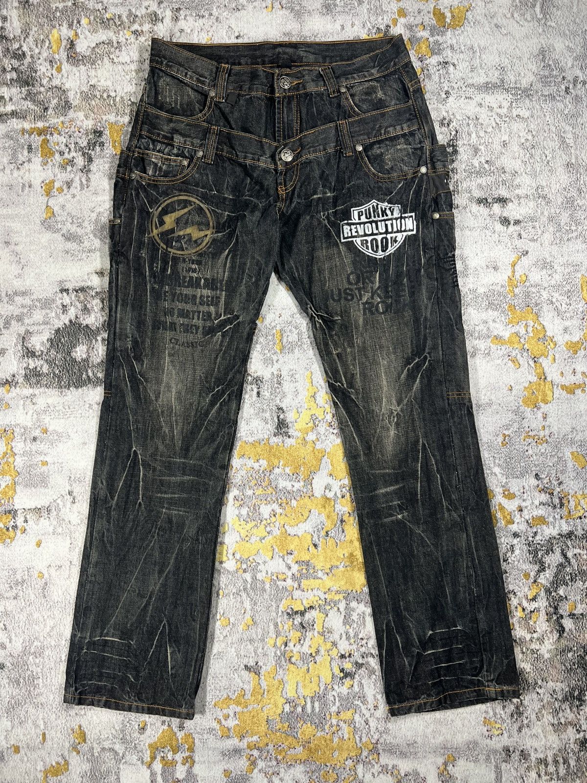 Japanese Brand Vintage Double Waist Punk Revolution Rock Distressed Pants Size US 35 - 2 Thumbnail