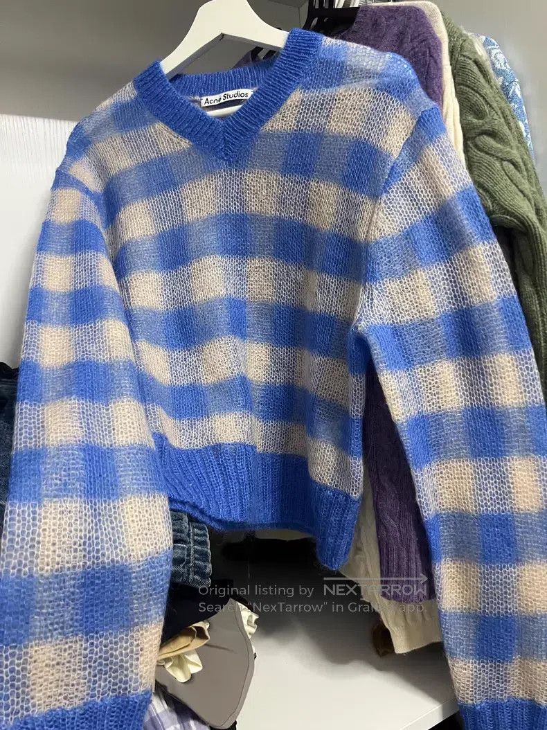 Acne Studios Acne Studios Blue Plaid V-Neck Sweater with 55% Mohair, 30 Size S / US 4 / IT 40 - 2 Thumbnail
