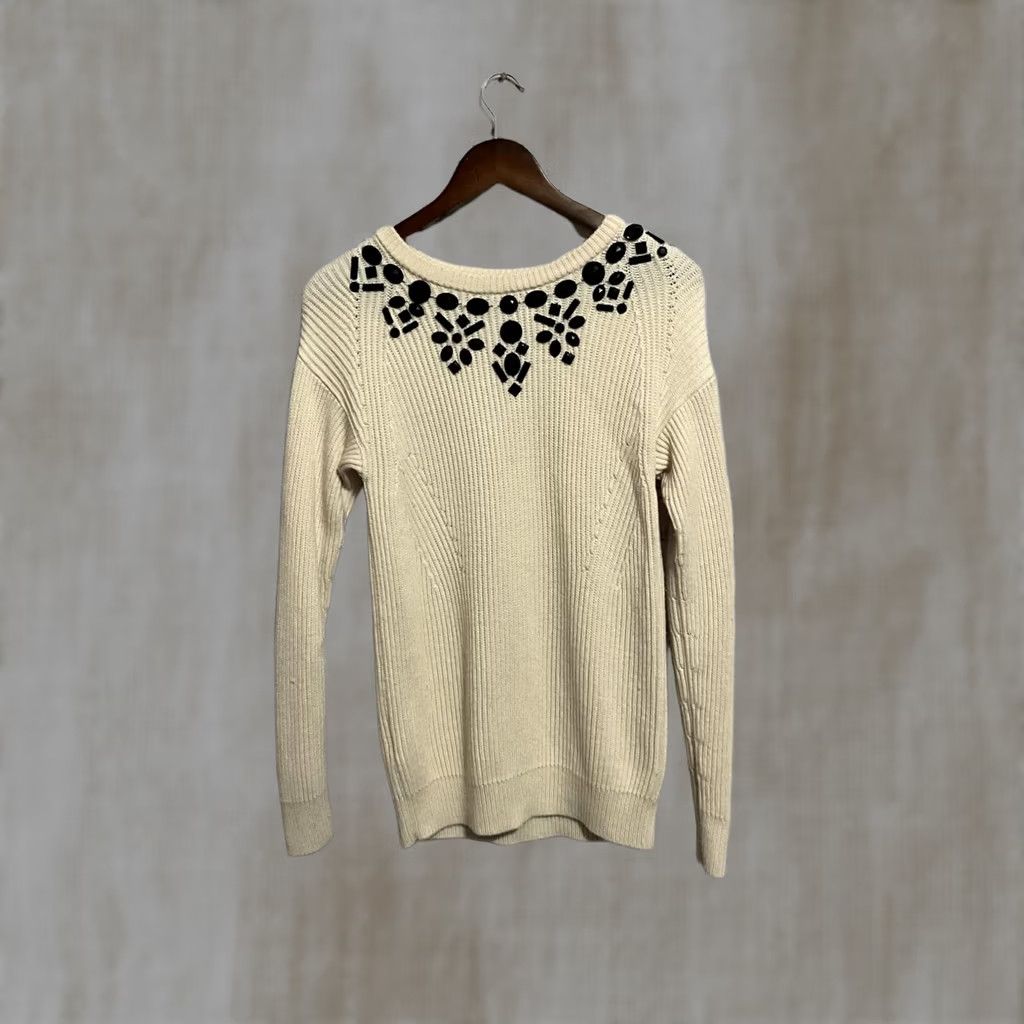 Ann Taylor Ann Taylor Knit Sweater with Black Beaded Neckline - Cream - Petite L - Long Sleeve - Crew Neck - Embroidered Accent - Solid - Women Size L / US 10 / IT 46 - 1 Thumbnail