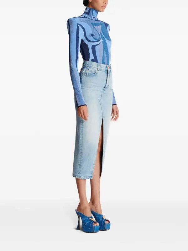 Balmain o1s1wg111225 Denim Midi Skirt in Blue Size 30" / US 8 / IT 44 - 3 Thumbnail