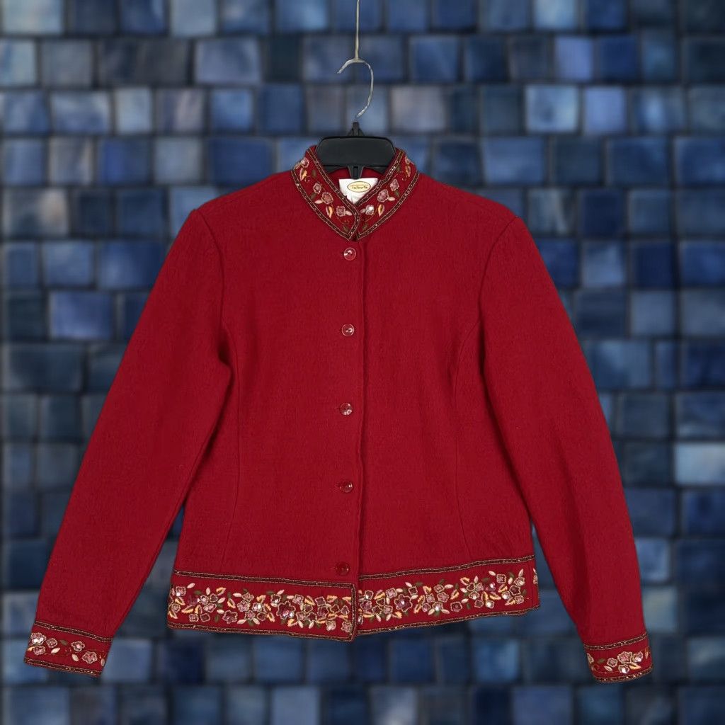 Talbots Talbots Womens Small Red Wool Floral Embroidered Beaded Cardigan Sweater Jacket 80s 90s Casual Womens Size S / US 4 / IT 40 - 1 Thumbnail