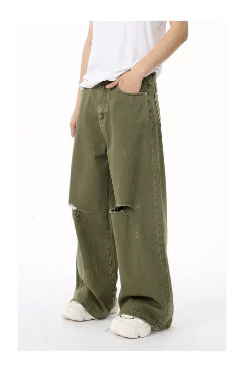 Jean Japanese retro ins fashion ripped straight jeans trend Size US 32 / EU 48 - 2 Thumbnail