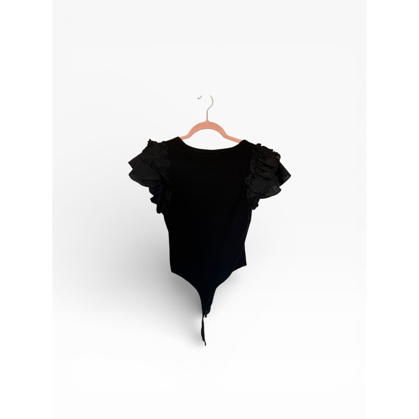 Other Day+Moon Solid Black Short Sleeve Ruffle V-Neck Bodysuit Size M / US 6-8 / IT 42-44 - 5 Thumbnail