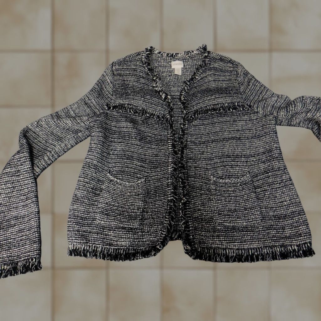 Vintage Chicos Jacket Blazer Open Cotton Gray Striped Fur Trim Knit Regular Women 0 Medium Casual Designer Open Front Fall Spring Womens Size XS / US 0-2 / IT 36-38 - 1 Thumbnail