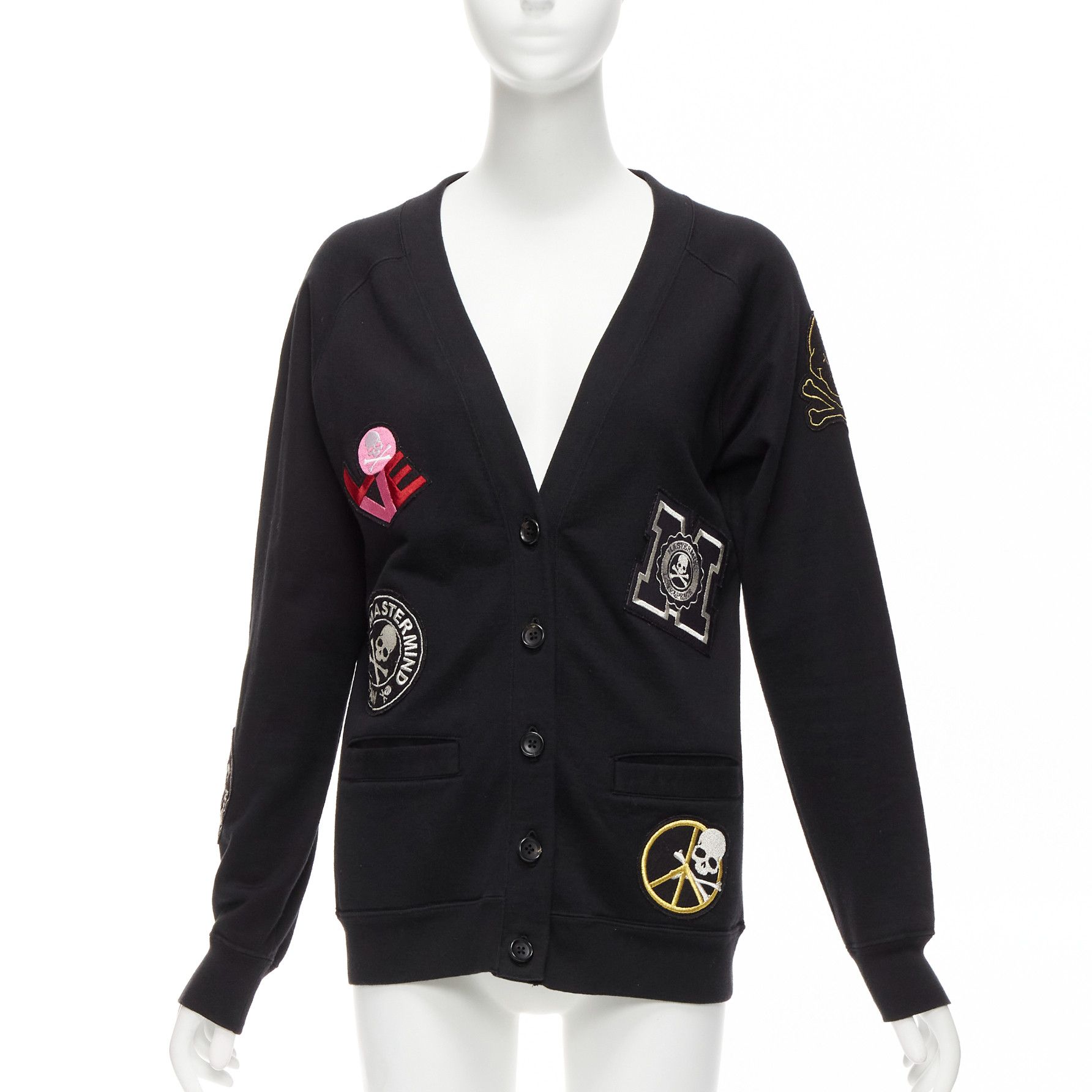 image of Mastermind Japan Black Cotton Varsity Skull Logo Patch Cardigan Sweater Jp1 S, Women's (Size Small)