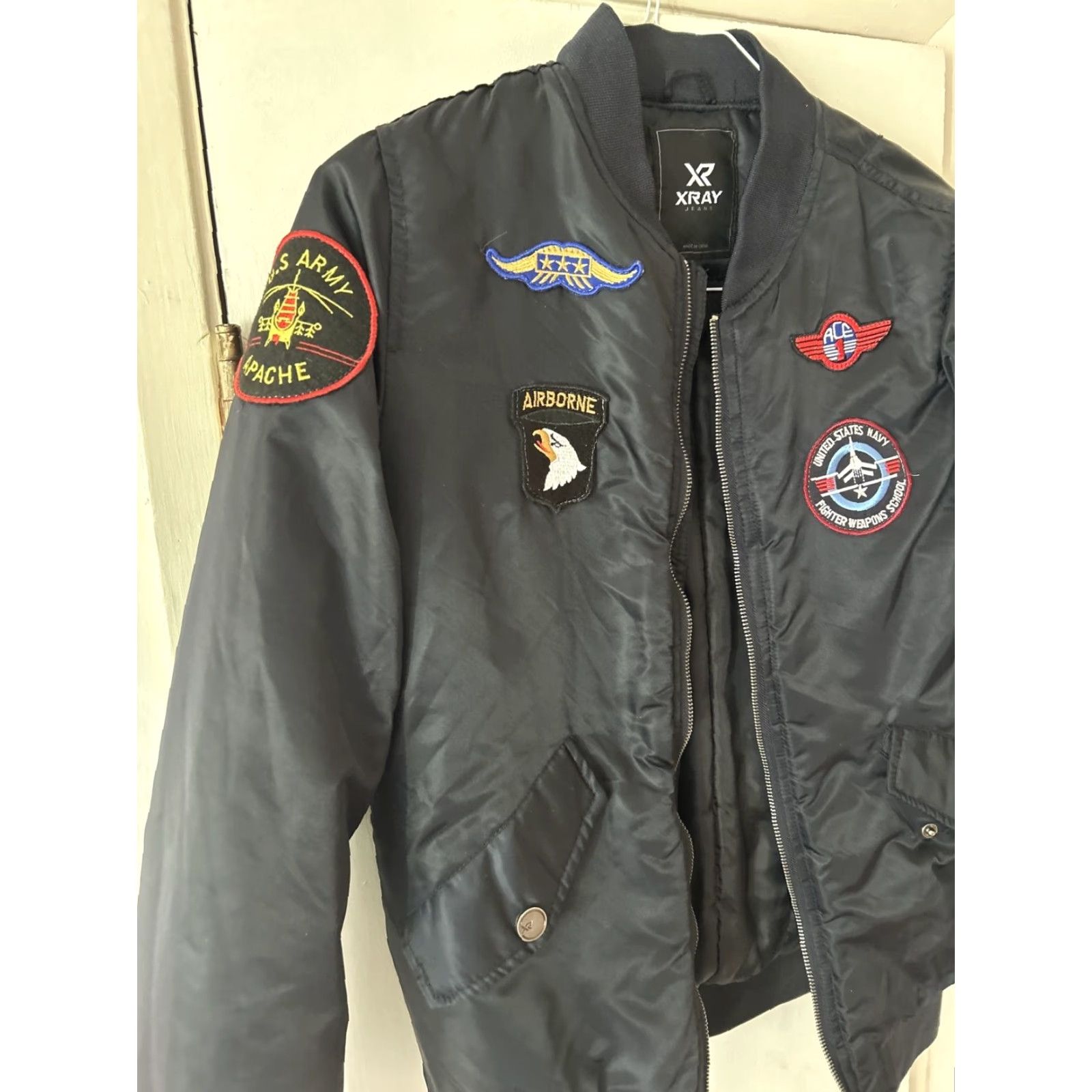 Vintage Xray Jeans Men's Small Black Bomber Flight Jacket With Patches Size US 29 - 2 Thumbnail