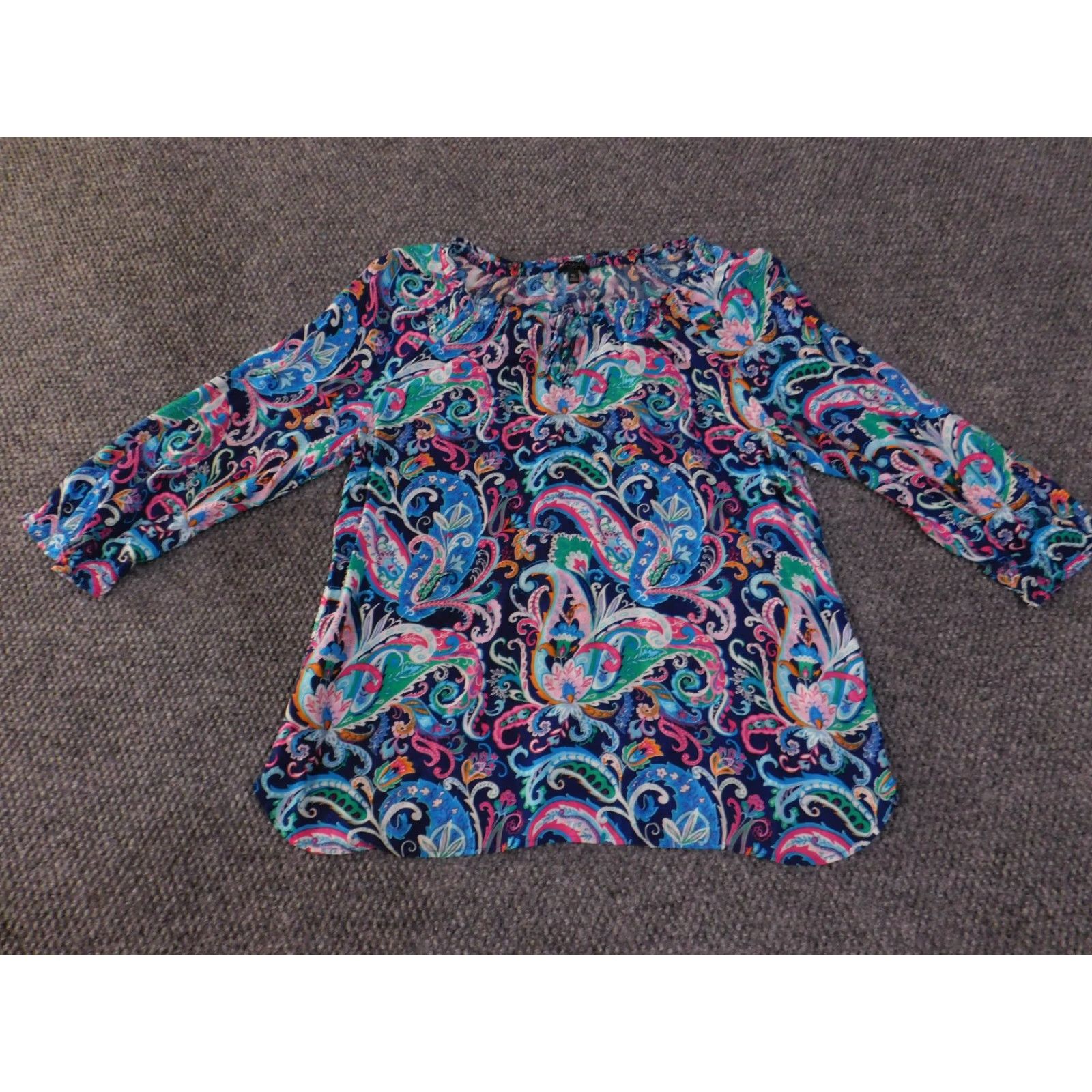 Talbots Talbots Blouse Womens Petite PM Multicolor Paisley 3/4 Sleeve Rayon Top Crew Neck Casual Ladies Regular Blue Links: None Size M / US 6-8 / IT 42-44 - 3 Thumbnail