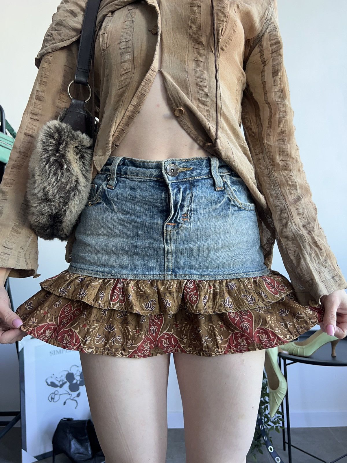 Vintage Y2K Mini Skirt Avant Garde Ruffle Denim Sexy 00s Size 26" / US 2 / IT 38 - 4 Thumbnail