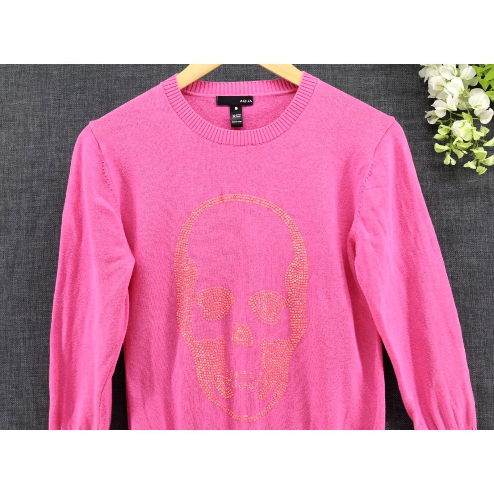 AQUA Aqua Shirt Women’s Sweater L Pink Rhinestone Skull Print Cotton Blend Knit Crew Neck Long Sleeve Pullover All Seasons Gothic Colorful Size L / US 10 / IT 46 - 3 Thumbnail