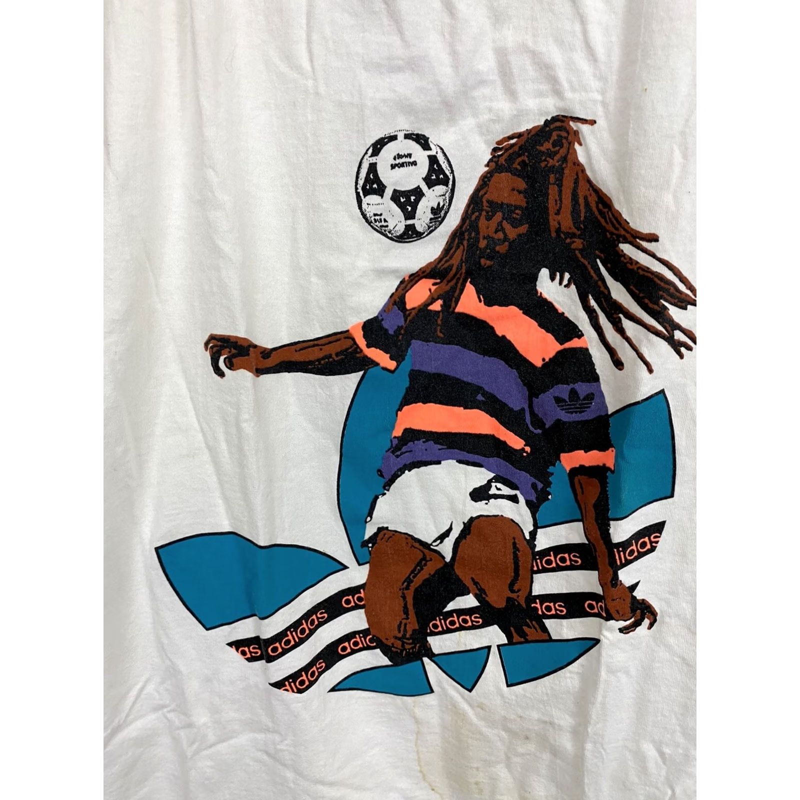 Adidas VTG 80s Adidas Trefoil Colorful Bob Marley Reggae Africa Fulbol T‑Shirt M USA Mens Color White Short Sleeve Regular Size M Size US M / EU 48-50 / 2 - 3 Thumbnail