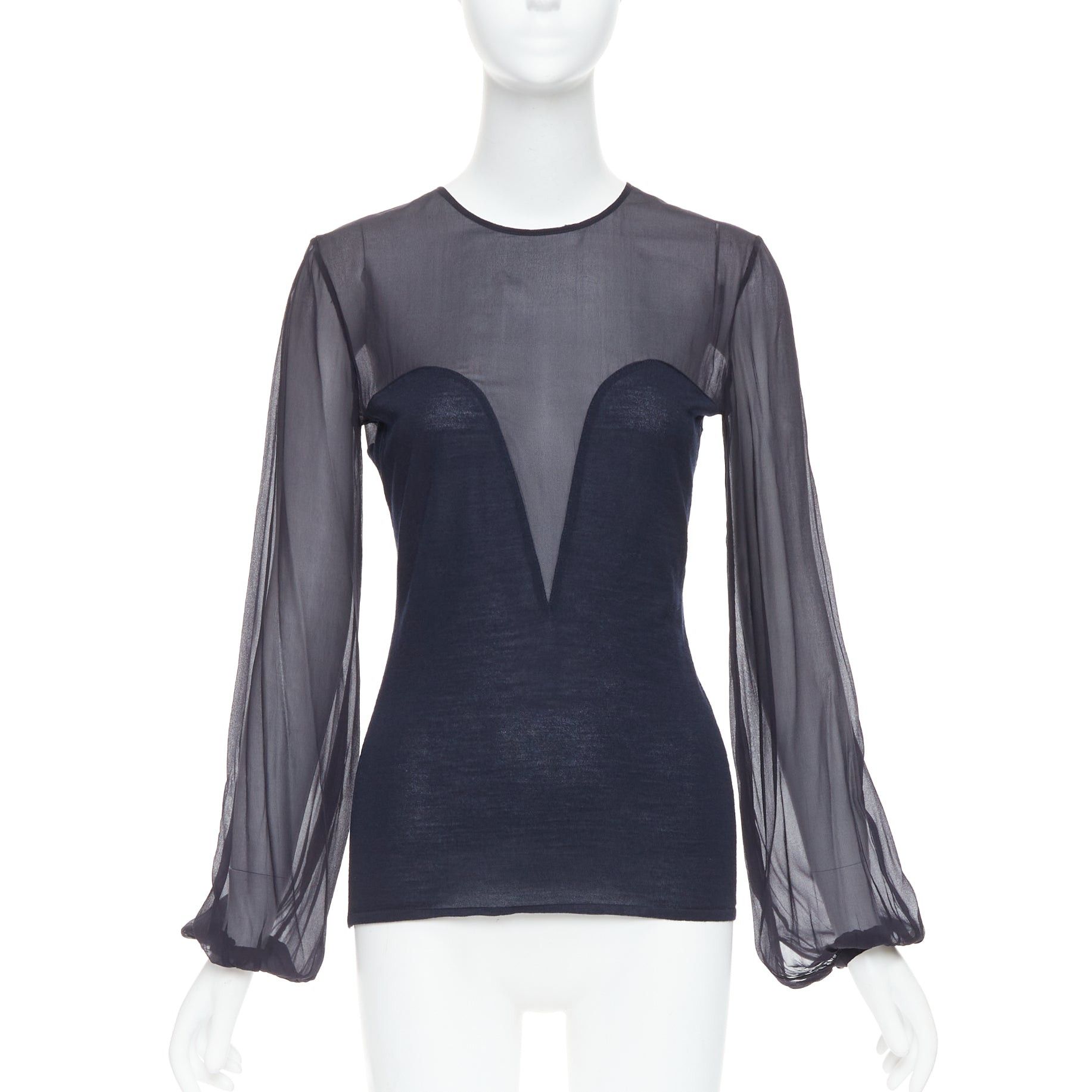 EMILIO PUCCI navy virgin wool silk trim contour sheer billow blouse M