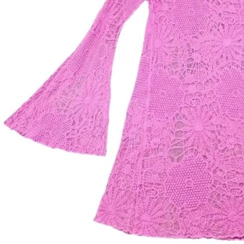 Bell GB Purple Crochet Lace Bell Sleeve Mini Dress Y2K Boho Barbiecore Small Women Bell Sleeve Crochet Lace Floral Round Neck Short Dress Size S / US 4 / IT 40 - 3 Thumbnail