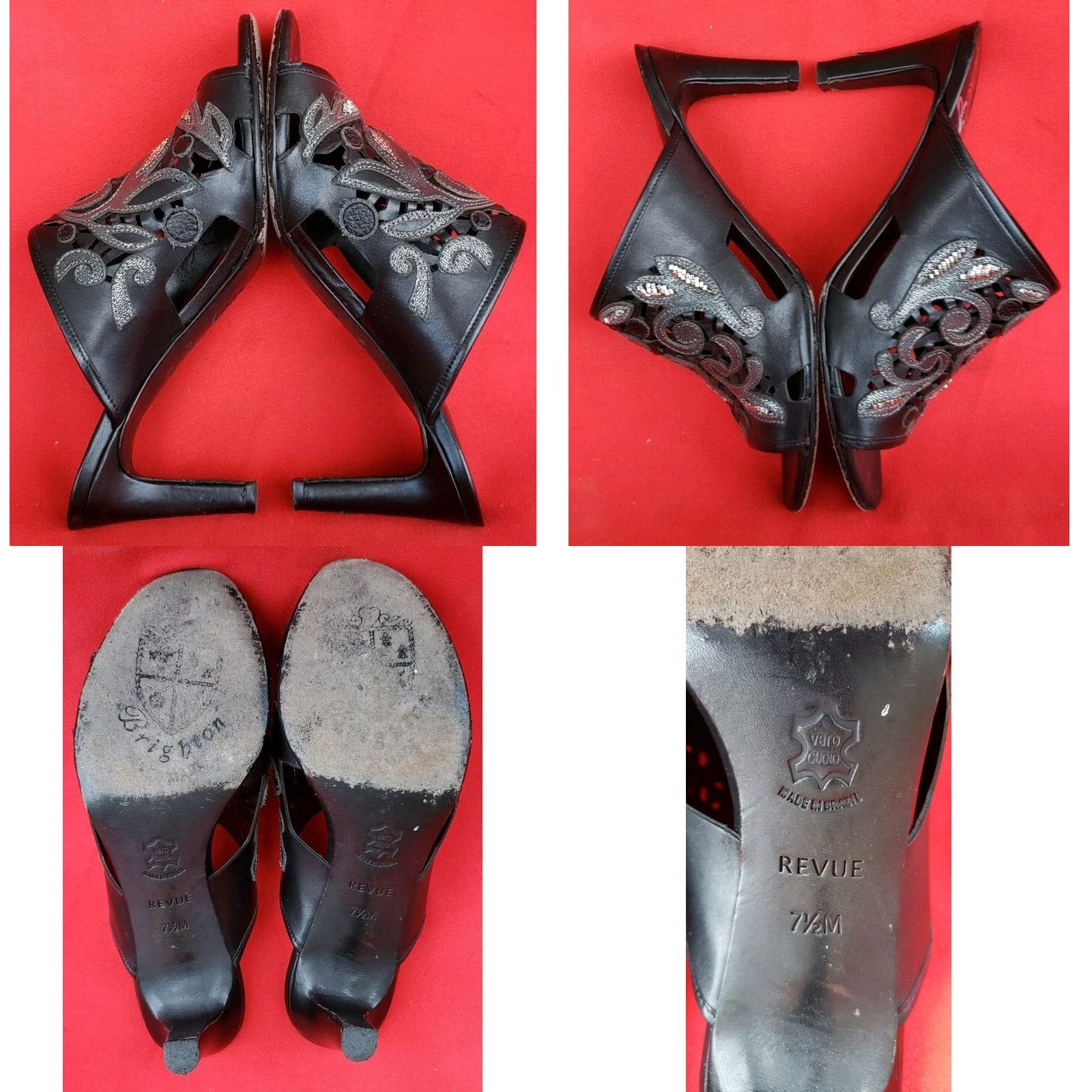 Brighton VINTAGE Brighton Revue Women's Sandal 7.5M Black Perforated Design Silver Accent 3" Heel Size US 6 / IT 36 - 8 Thumbnail