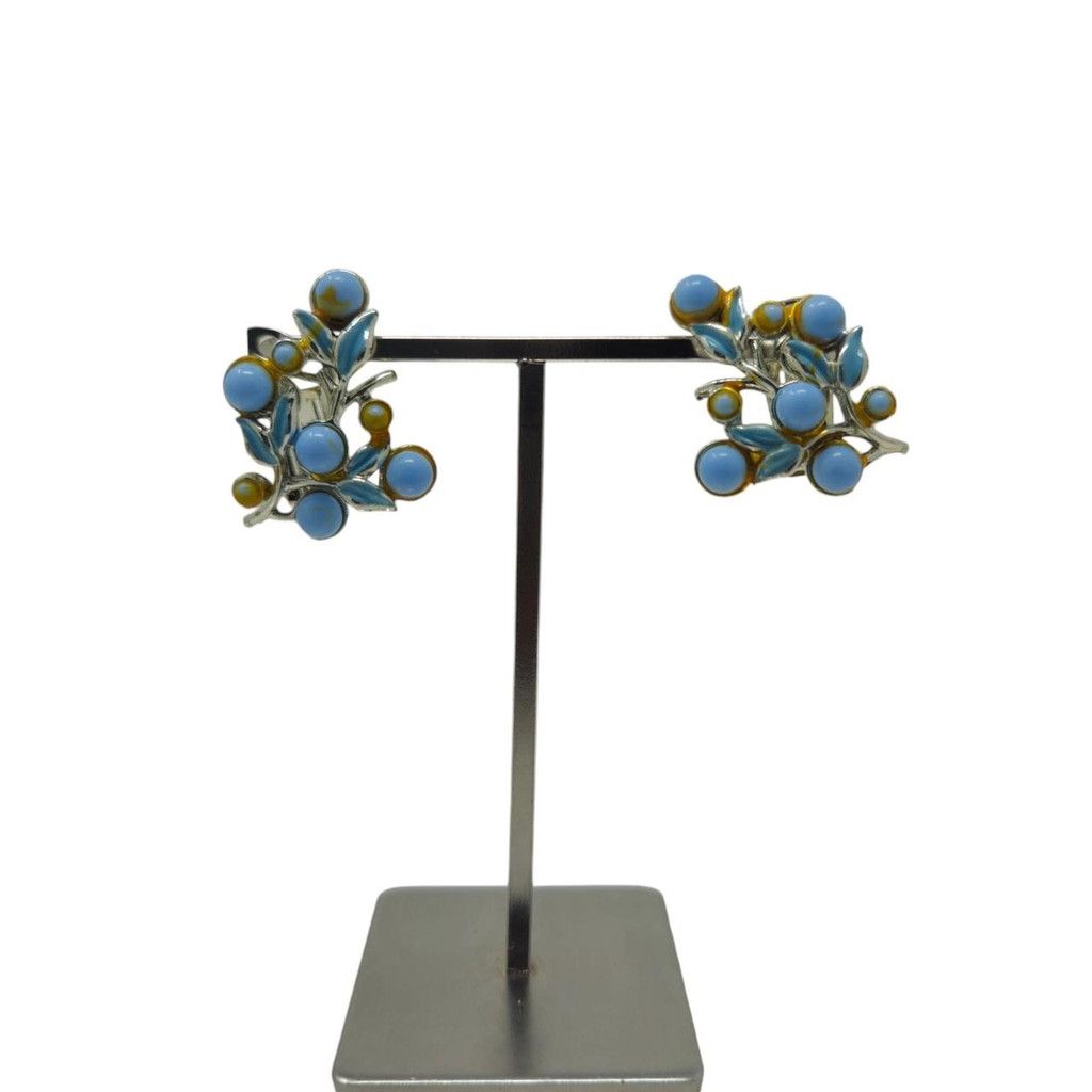Handmade Charming vintage floral blue & silver clip-on earrings Size ONE SIZE - 4 Thumbnail