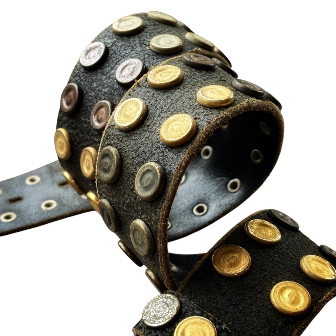 Genuine Leather × Vintage Vintage Leather Cracking Belt with Unique Studded Size 30 - 3 Thumbnail