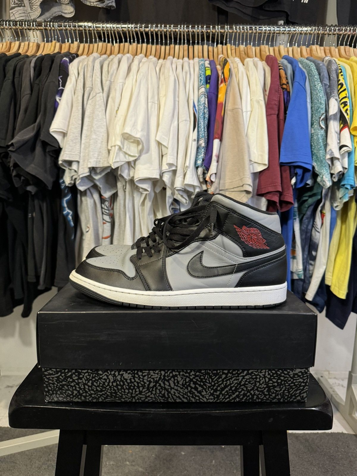 image of Jordan Brand Retro 1 Mid “Shadow” Shoes in Grey, Men's (Size 14)