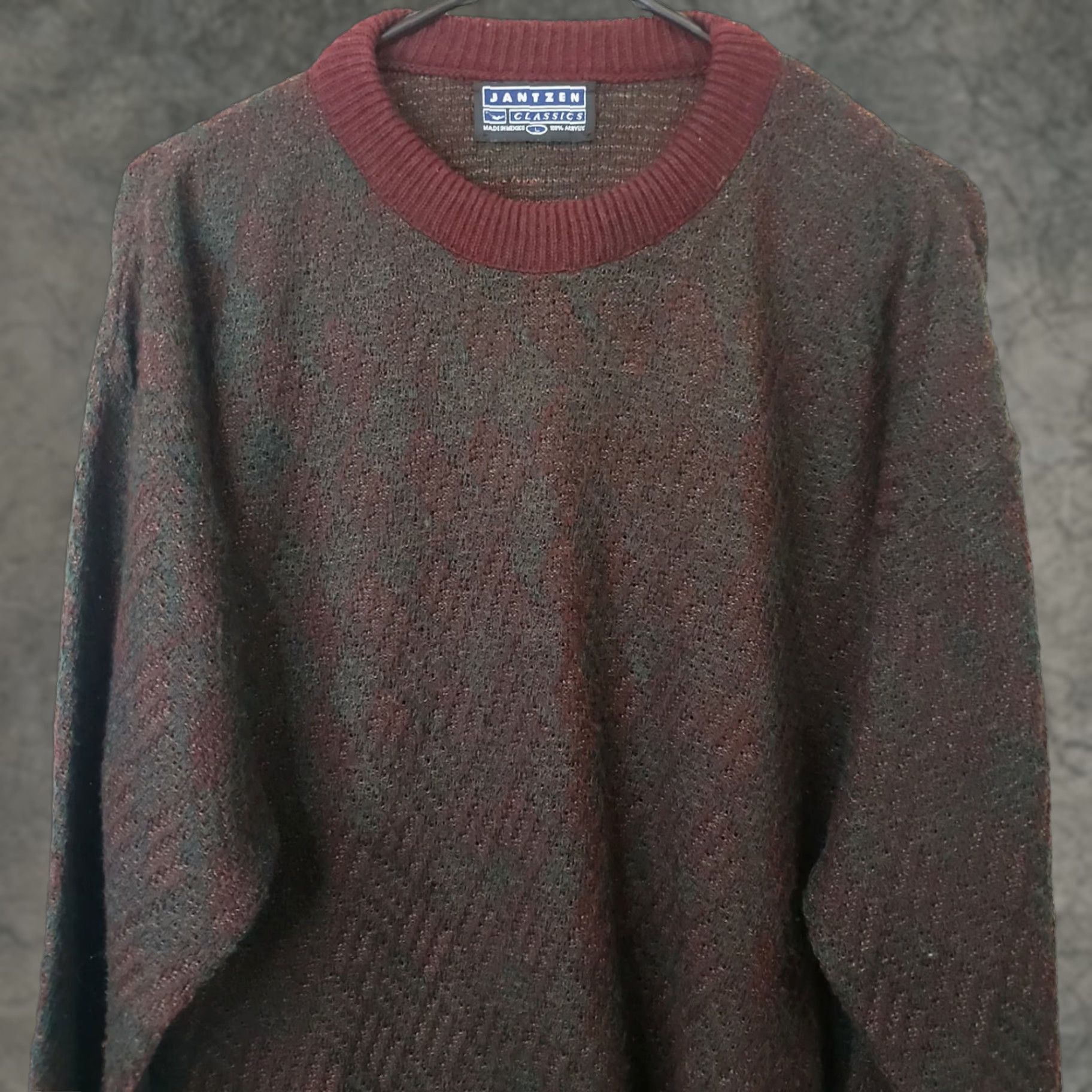 Jantzen VINTAGE Jantzen Sweater Mens L Crewneck Geometric Textured Maroon Brown Acrylic Knit Pattern Cosby Grandpa 00s Y2k Classic Pullover Size US L / EU 52-54 / 3 - 1 Thumbnail