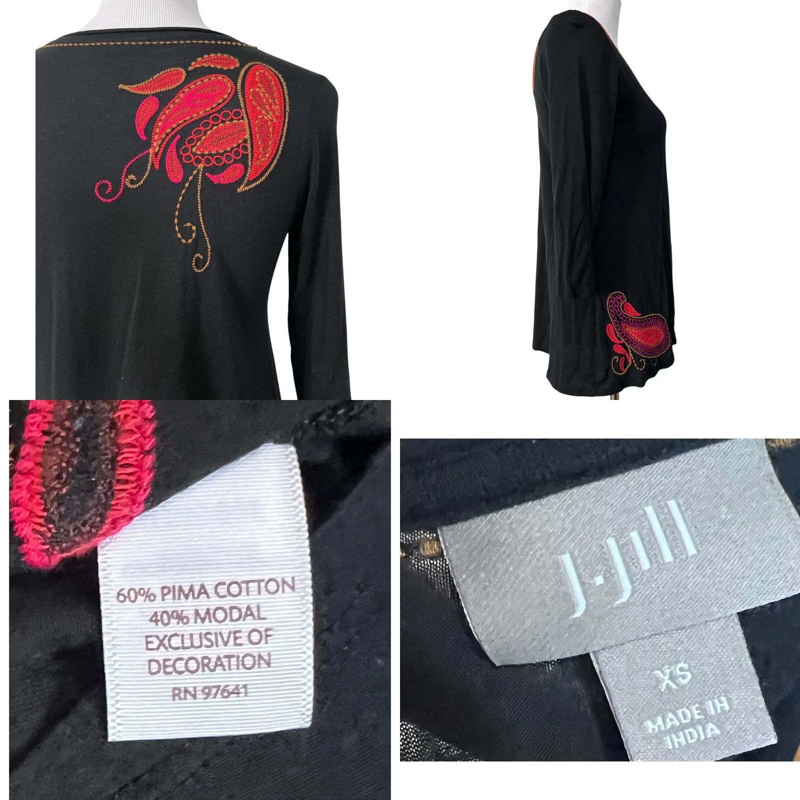 J. Jill VINTAGE J. Jill Embroidered Paisley Tunic Top Blouse Black 3/4 Sleeve XS Womens Tunic Blouse Paisley Embroidered Knit Cotton Modal Size XS / US 0-2 / IT 36-38 - 8 Thumbnail