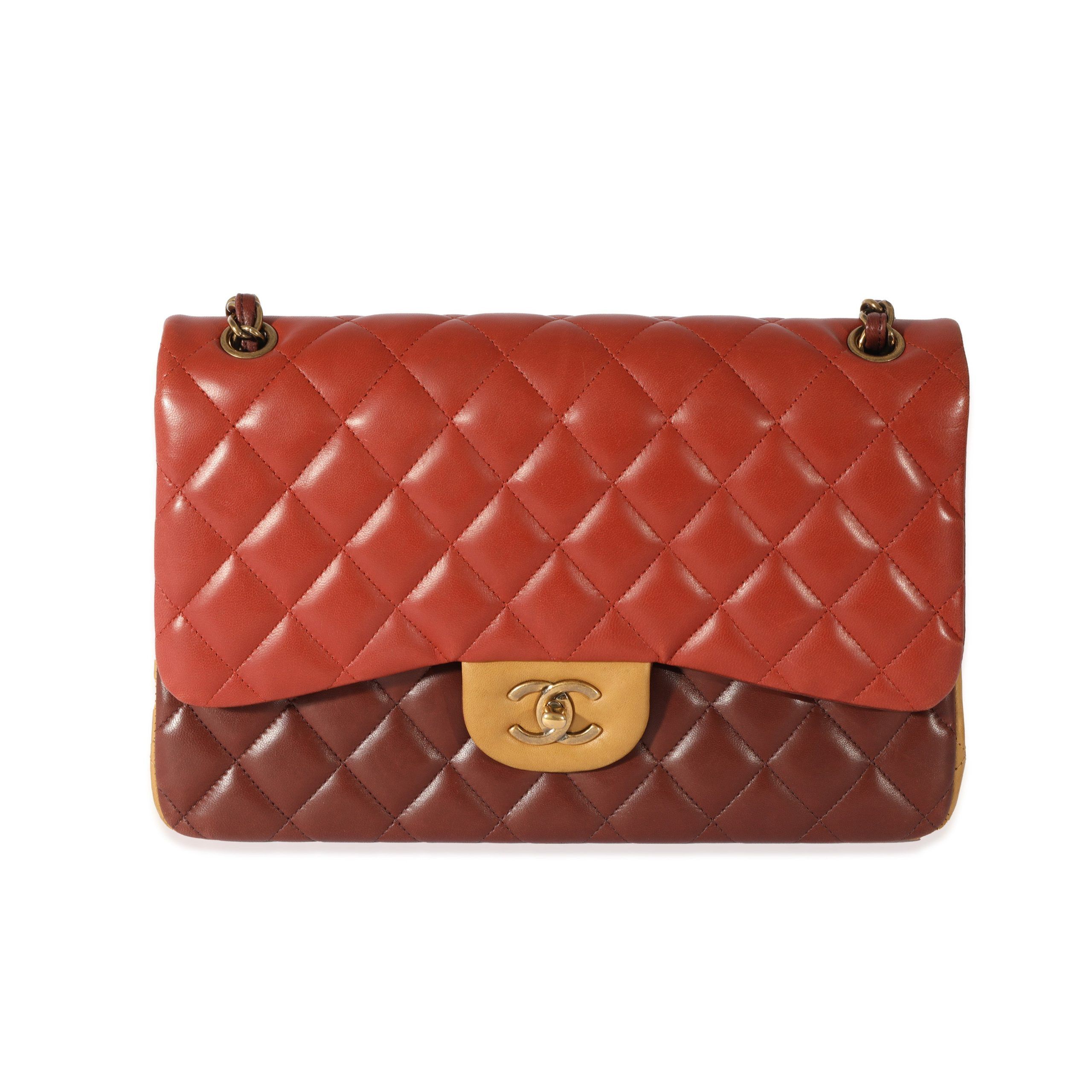 image of Chanel Tri-Color Lambskin Jumbo Double Flap Bag in Red, Women's