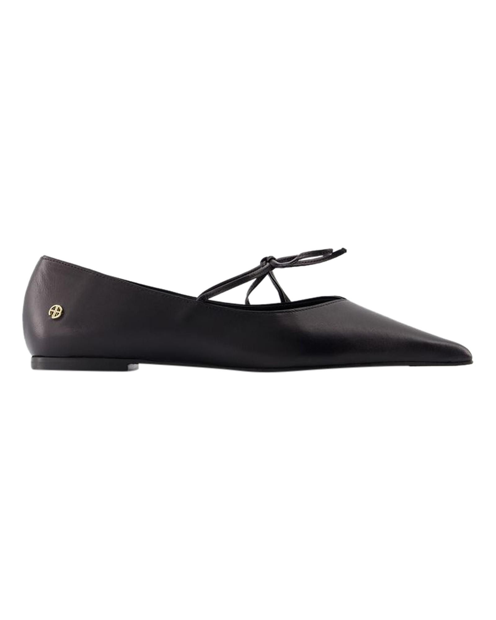 image of Anine Bing Pointed Toe Leather Ballerinas With Ankle Strap And Metallic Details Shoes in Black, Wom