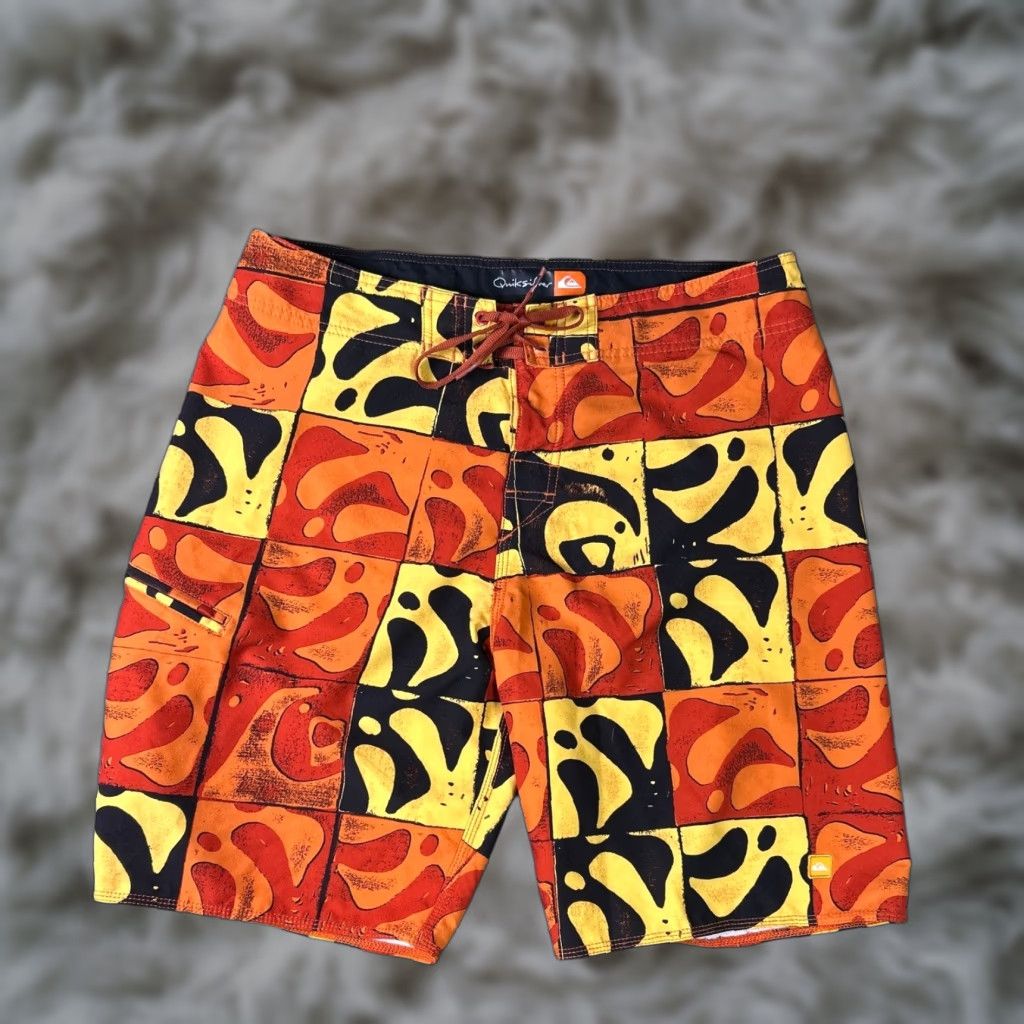 Quiksilver Quiksilver Board Shorts Mens Size 33 Orange Patchwork Print Geometric Drawstring Pocket Surfing Bottom Size US 33 - 1 Thumbnail