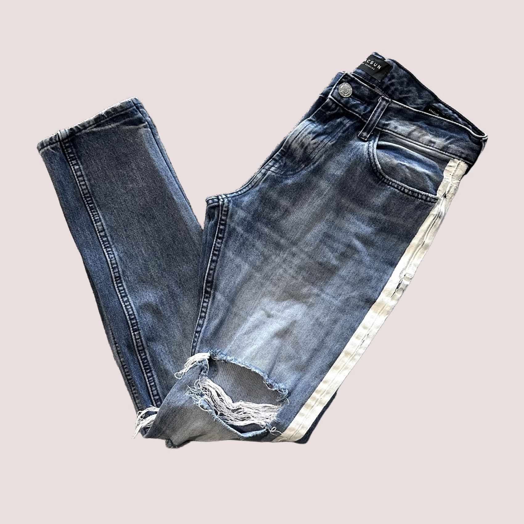 Pacsun Pacsun Stacked Skinny Jeans Side Stripe Stretch Men's 31 x 32 Distressed Denim Blue 98% Cotton 2% Spandex Slim Stretch Jeans Mens XS? Size US 31 - 1 Thumbnail