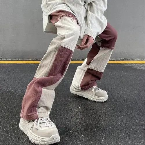image of Y2K Patchwork Grunge Baggy Trousers Jeans Streetwear in Cream/Red, Men's (Size 32)