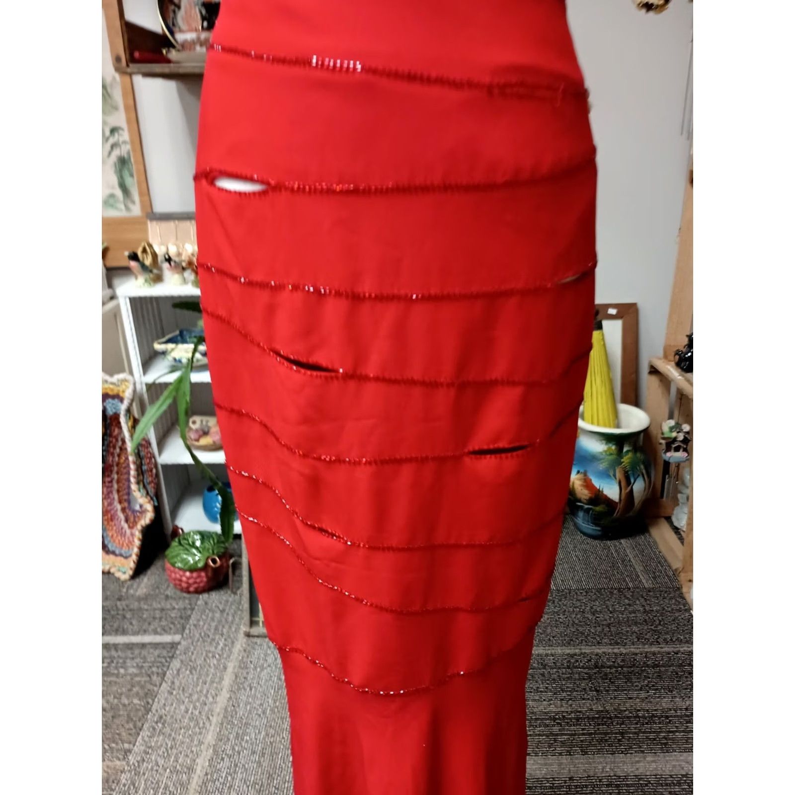 Vintage Niteline Prom Evening Gown Maxi Dress Womens Size 2 Red Beaded Cutout Open Back dress Size XS / US 0-2 / IT 36-38 - 3 Thumbnail