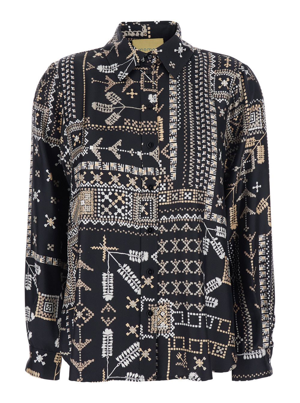 Black Shirt with All-Over Print and Pointed Collar in Silk Woman