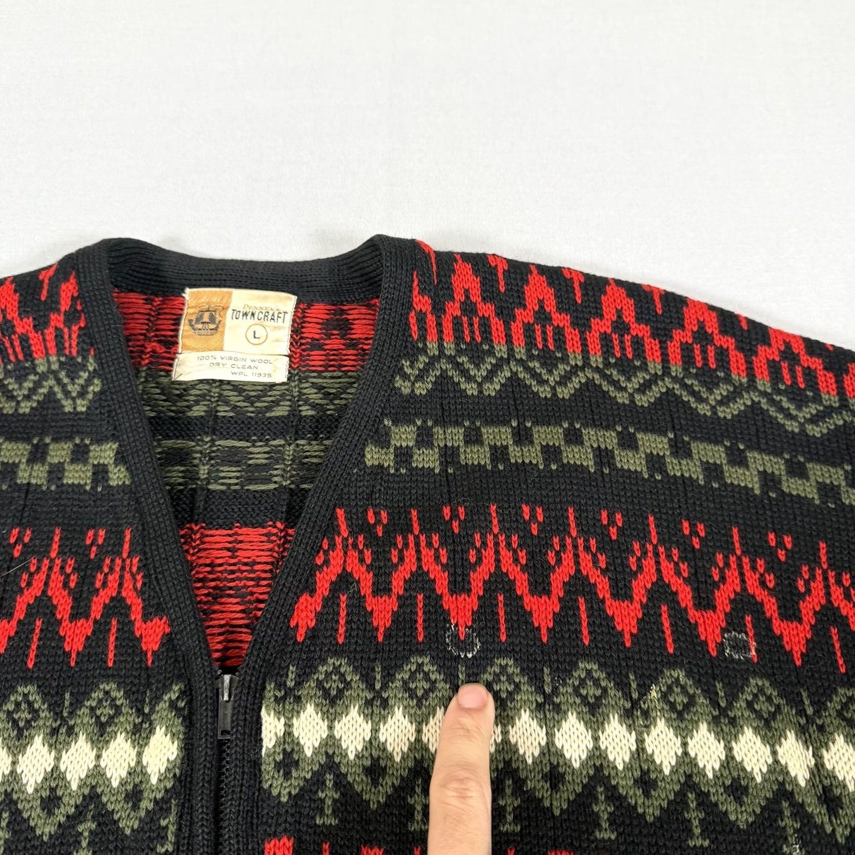 Vintage VINTAGE Penneys Towncraft Wool Full Zip Cardigan Sweater Mens Large Black Fair Isle 60s 50s Size US L / EU 52-54 / 3 - 4 Thumbnail