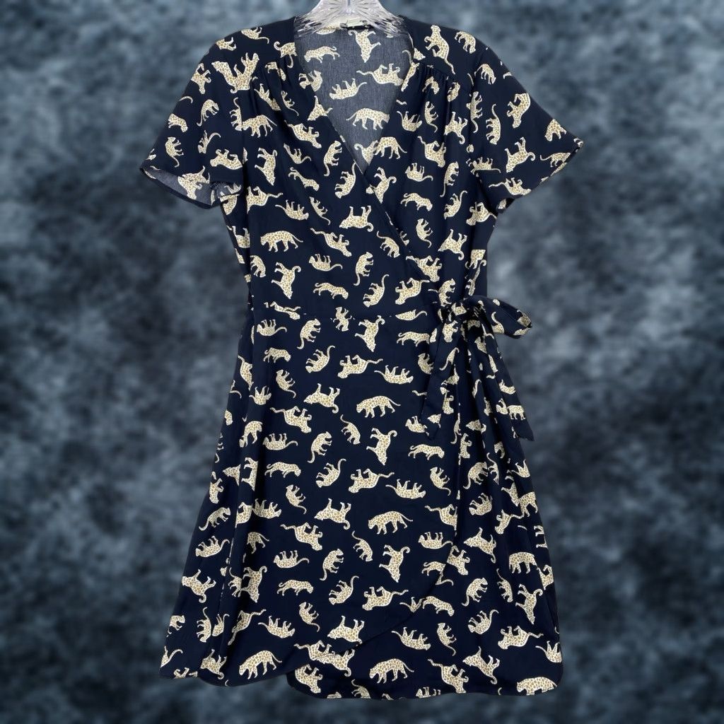 J.Crew J.CREW Wrap Dress Women's 2 Blue Navy Cheetah Animal Print Short Sleeve V-Neck Knit Polyester Shirt/Housewear Size XS / US 0-2 / IT 36-38 - 1 Thumbnail