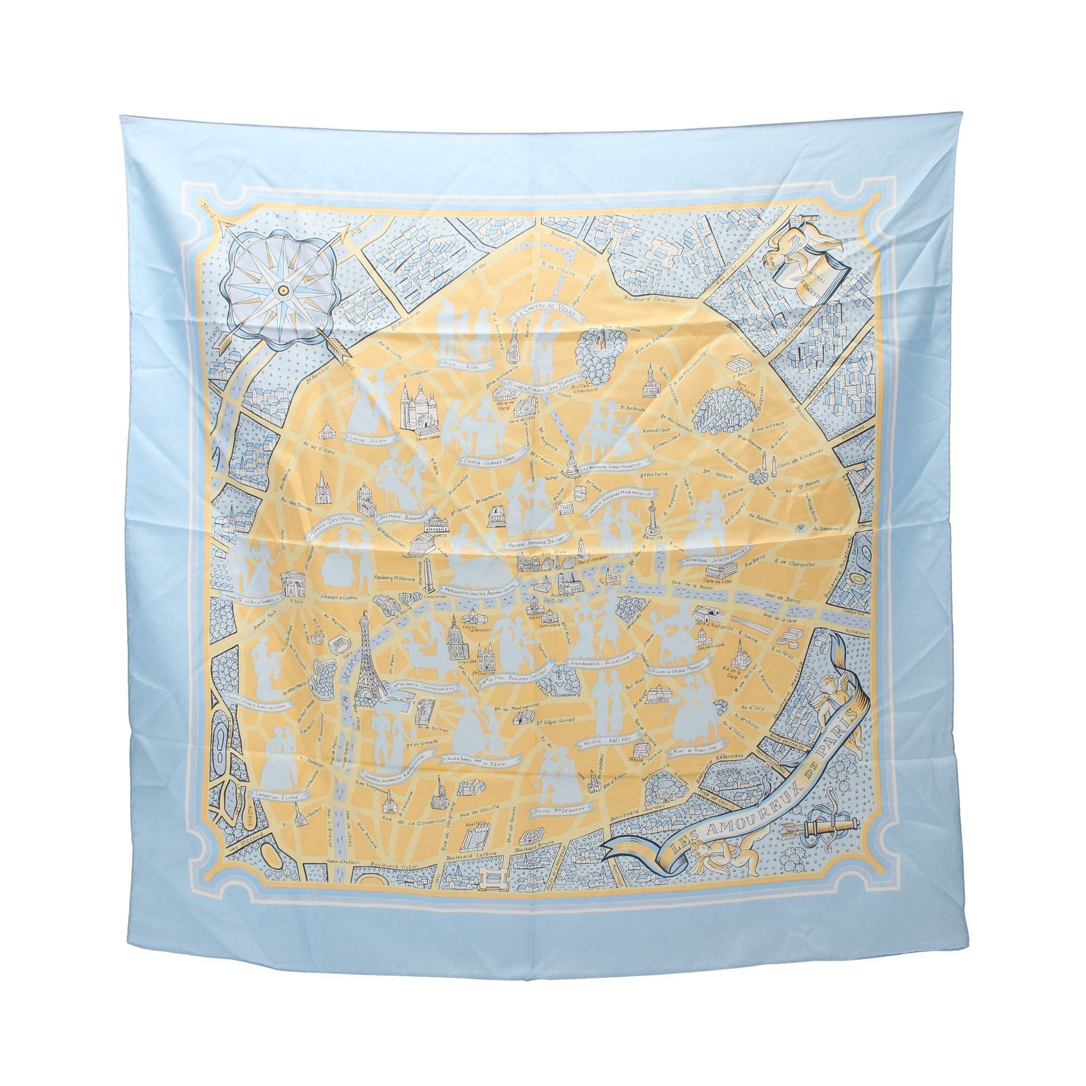 Hermes Hermes Carres 90 Les Amoureux De Paris Scarf Silk Light Blue Multicolor Size ONE SIZE - 1 Thumbnail