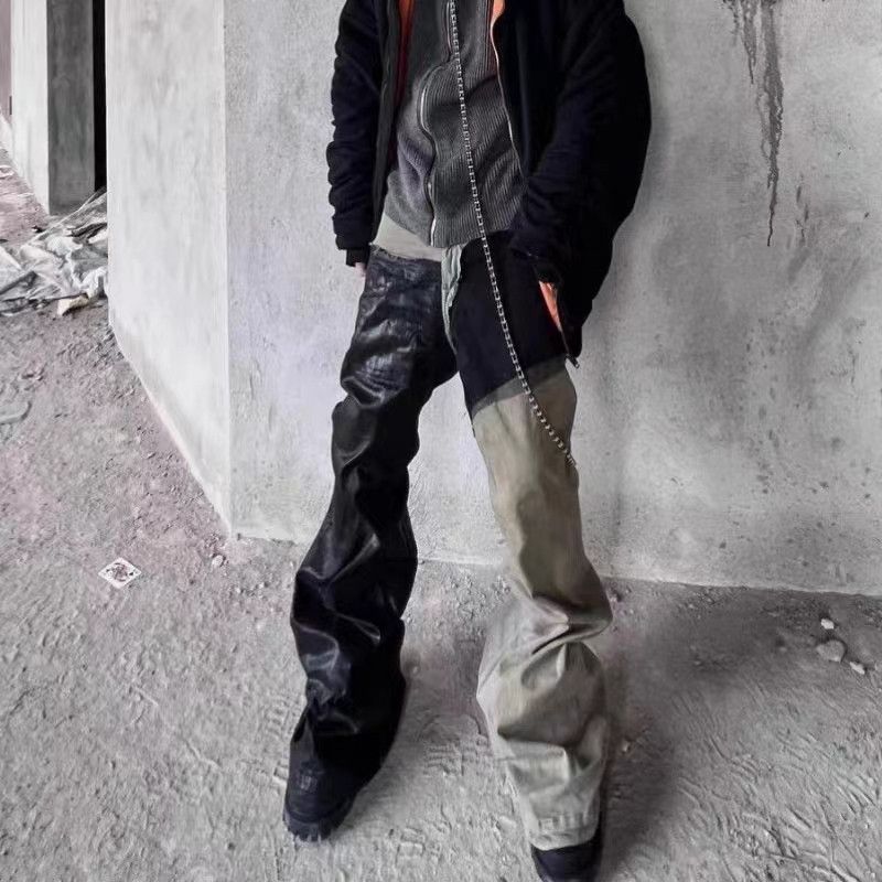image of Vintage Stacked Washed Patchwork Coated Jeans in Double Color Matching, Men's (Size 32)