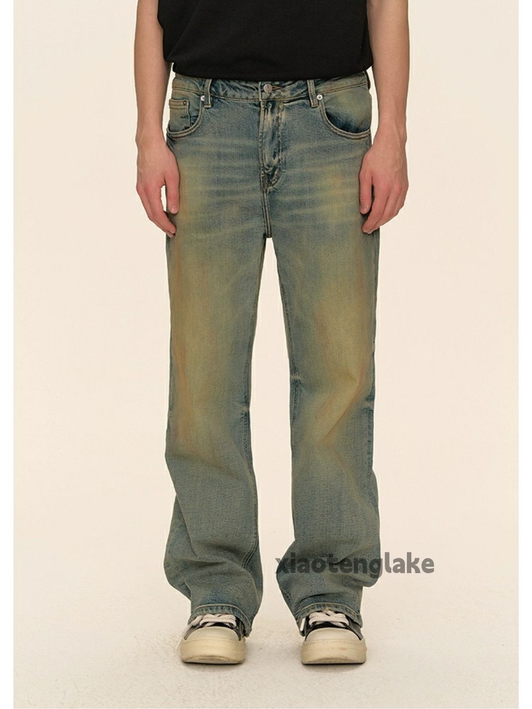 image of Distressed Denim x Jean Washed Faded Y2K Skate Hiphop Rusty Stain Jeans in Faded Blue (Size 36)