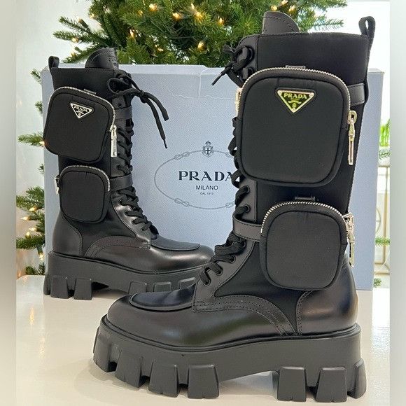 PRADA Monolith Leather Nylon Tall Combat Boots