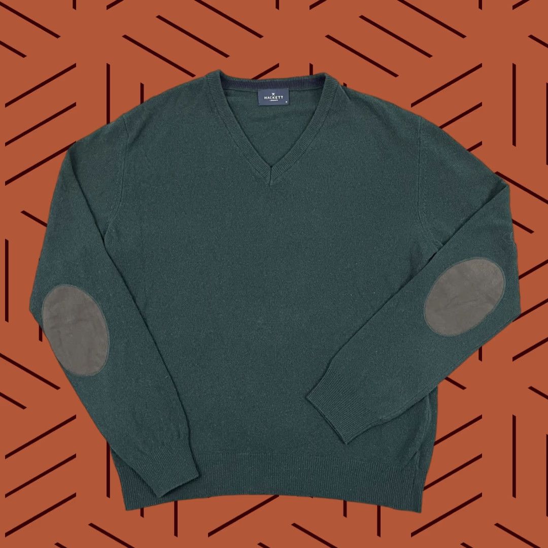 Hackett Hackett London Sweater Mens Medium Night Green Wool Cashmere Elbow Jumper V Neck Pullover Size US M / EU 48-50 / 2 - 1 Thumbnail
