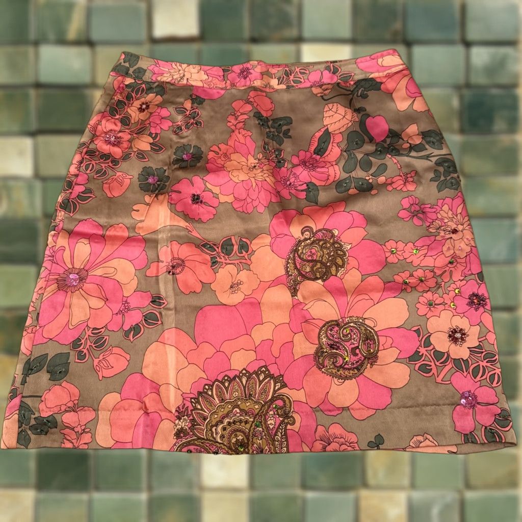Pinko VINTAGE Plenty Silk Pencil Skirt Beaded Floral Satin Pink 90s Y2K Knee Length Womens Regular Large Yellow Size 36" / US 14 / IT 50 - 1 Thumbnail