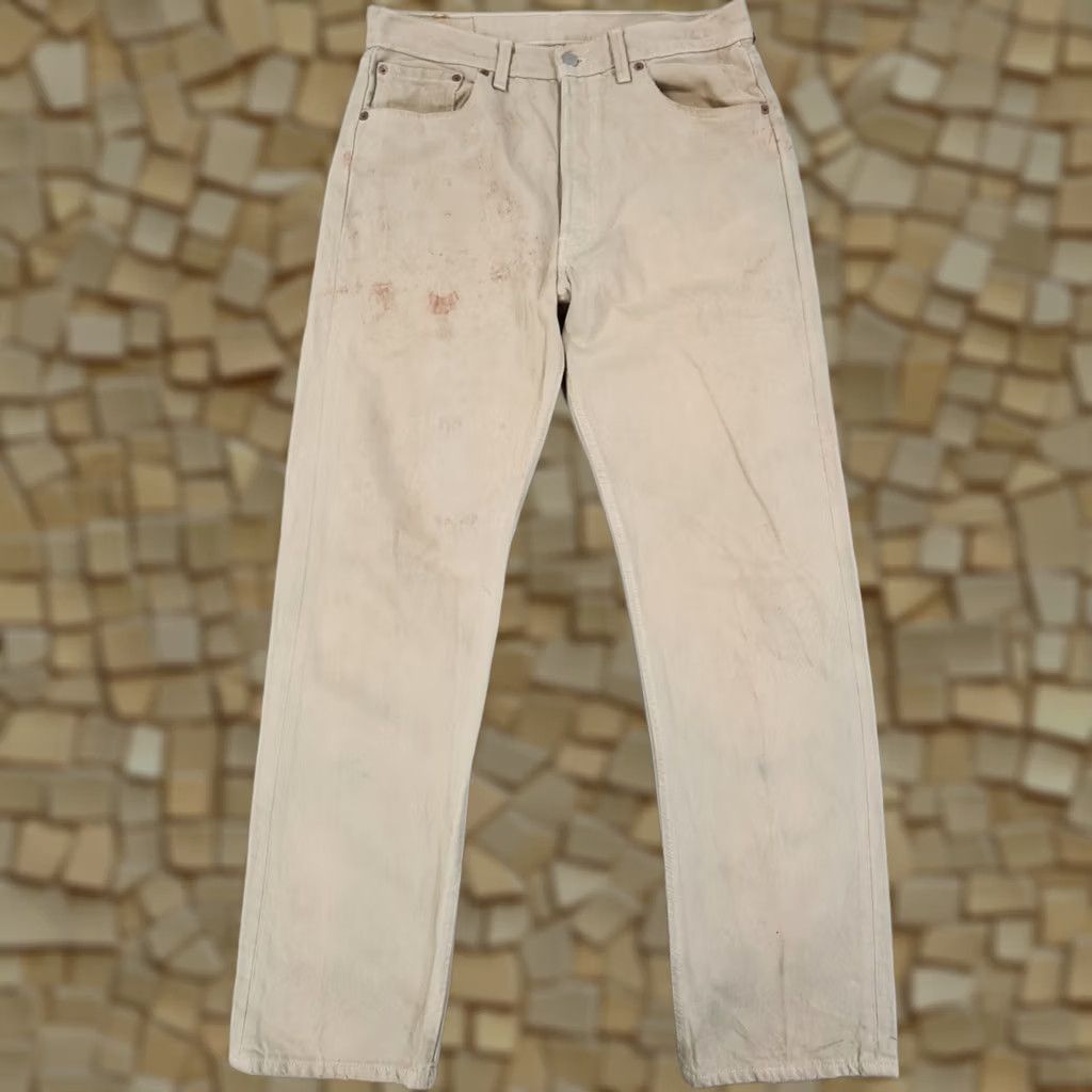 Levi's VINTAGE Levi's 501 Jeans Mens Straight 90s W31 L32 Ivory Distressed Paint USA Made Size US 31 - 1 Thumbnail