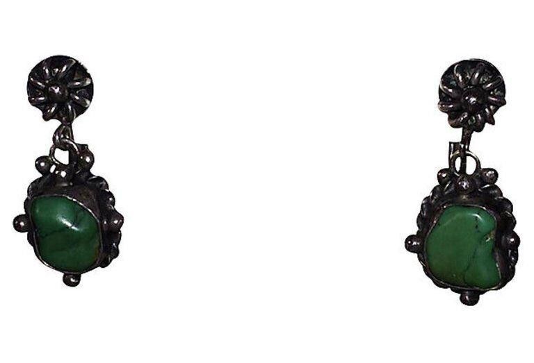 Designer Chinese Sterling Silver Turquoise Drop Earrings Size ONE SIZE - 1 Thumbnail