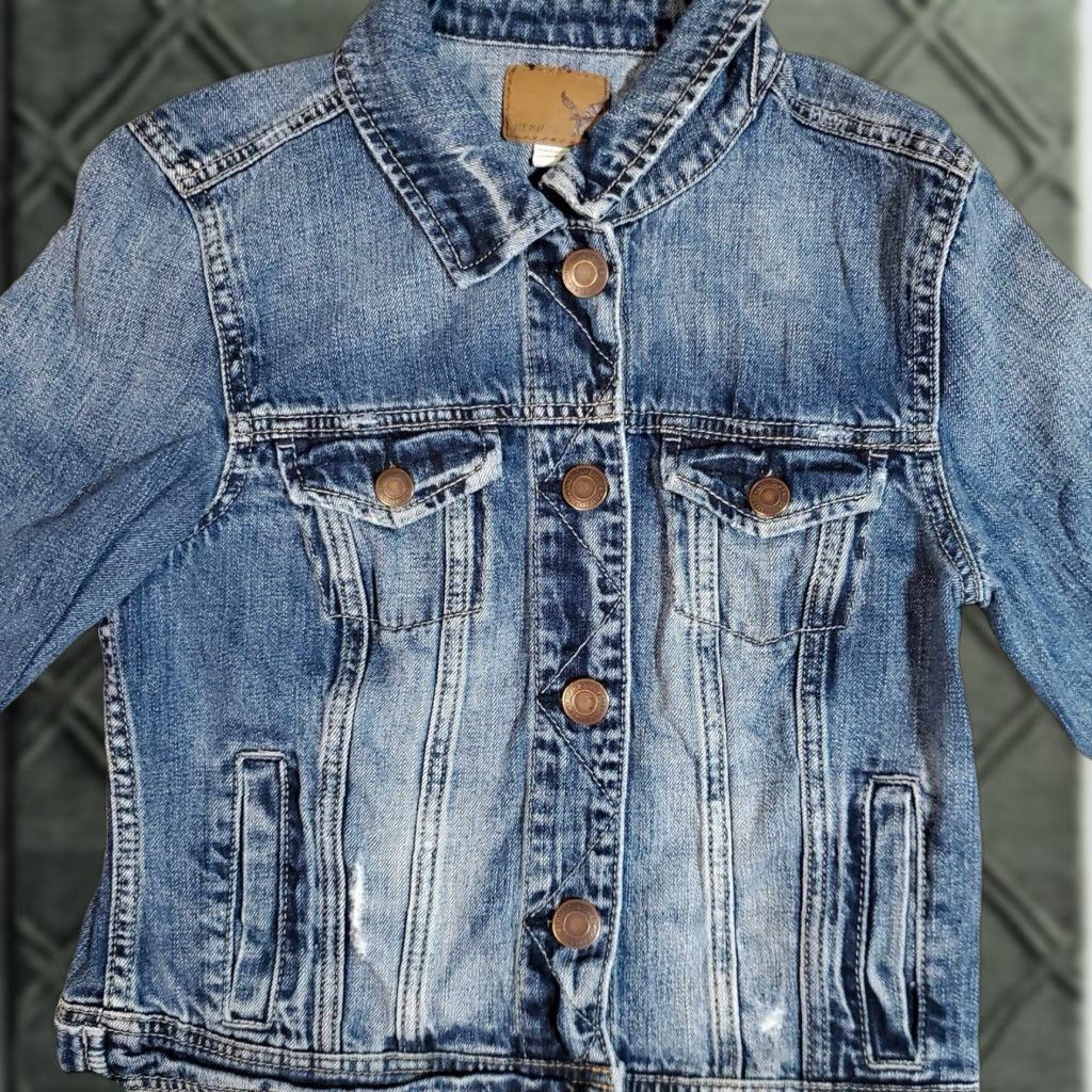 American Eagle Outfitters VINTAGE American Eagle Denim Jacket Womens Small PS Blue Jean Distressed Trucker Size 28" / US 6 / IT 42 - 1 Thumbnail