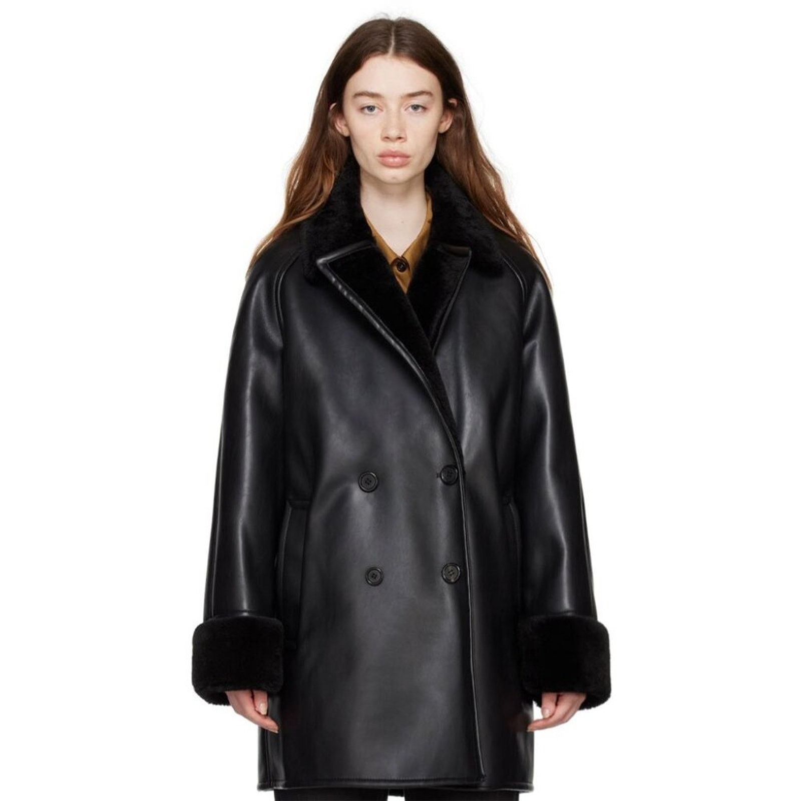 SSENSE DRAE Double-Breasted Black Faux-Leather Coat - Size 36 Size S / US 4 / IT 40 - 1 Thumbnail